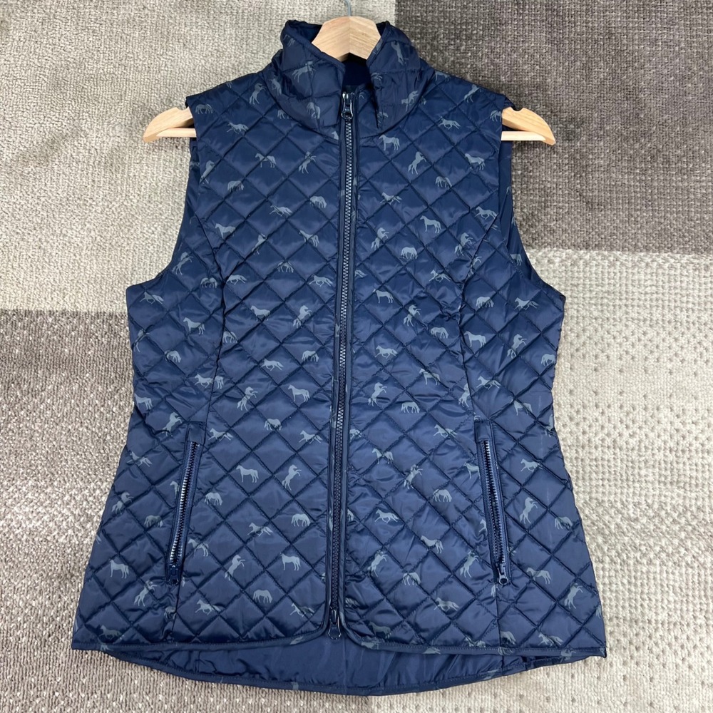 Piper by SmartPak Women Navy Blue Horse Print Quilted Down Puffer Vest Small